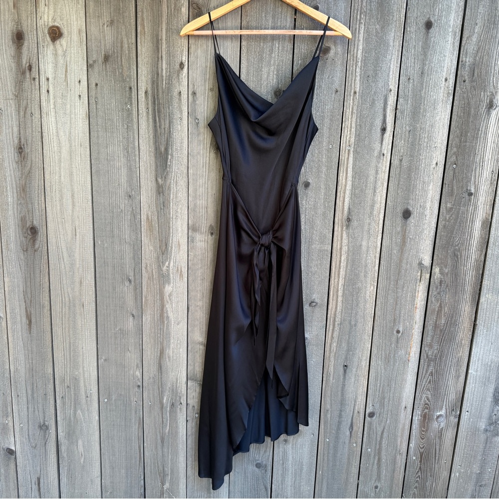 L'AGENCE Black Asymmetrical Cowl Neck Silk Dress